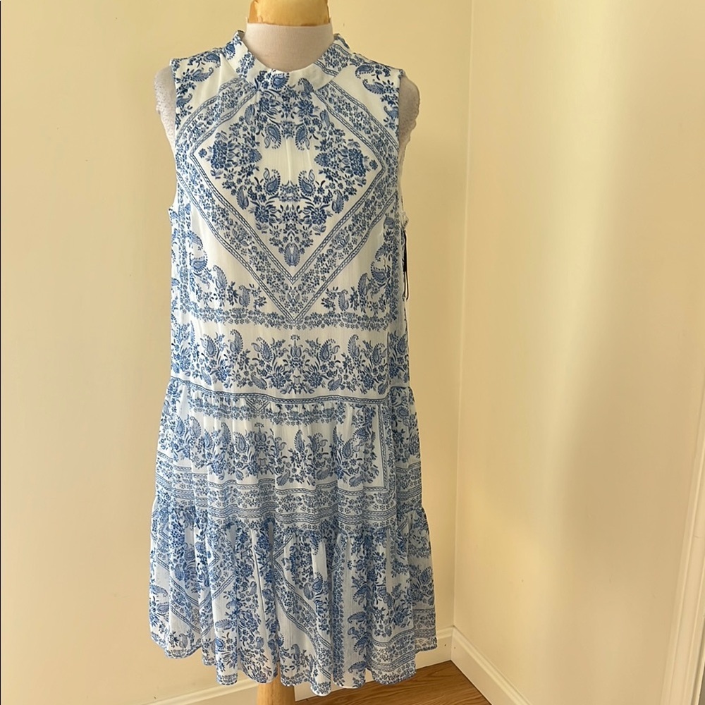 New! Calvin Klein SZ 10 paisley Blue and White mock neck back tie Dress.